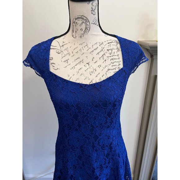Lauren Ralph Lauren Evening Blue Lace Lined Mini Dress Date Fit Flair Open Back - Picture 2 of 13